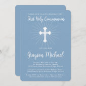 First Communion for Son Dusty Blue Cross 招待状 (正面/裏面)