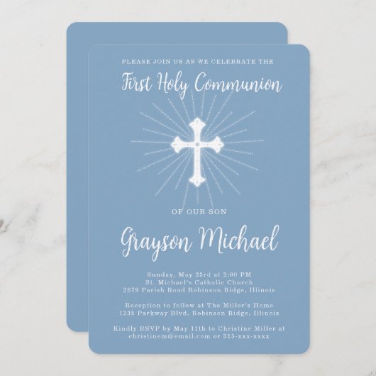 First Communion for Son Dusty Blue Cross 招待状 (正面/裏面)