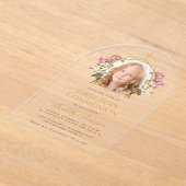 First Communion Girl Photo Floral Pink Gold Cross  アクリル招待状 (レイダウン)