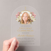 First Communion Girl Photo Floral Pink Gold Cross  アクリル招待状 (インサイチュ (ポータブル))