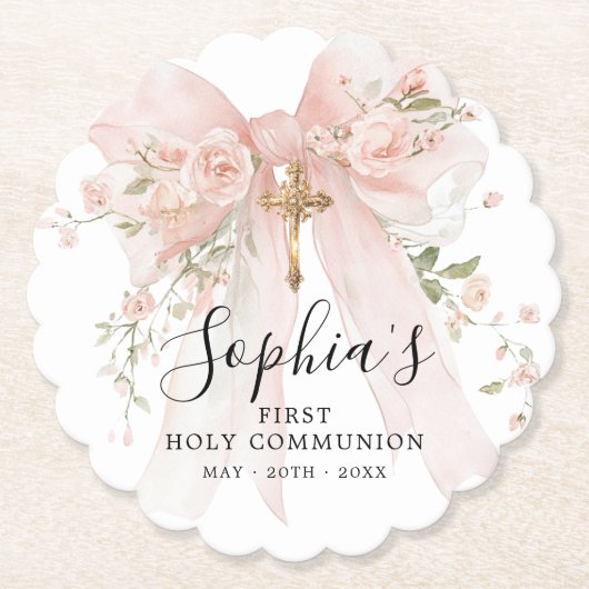 First Communion Girl Pink Bow Roses Custom ペーパーコースター (正面)