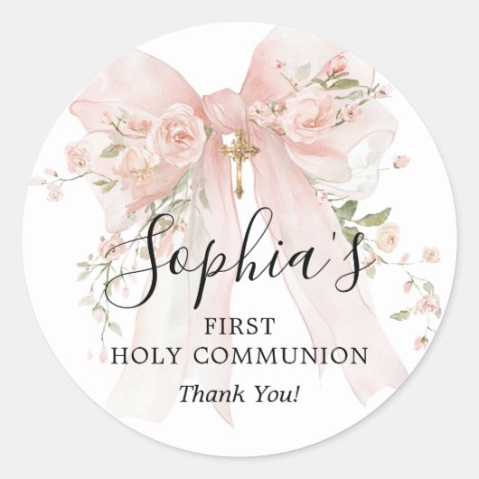 First Communion Girl Pink Bow Roses Thank You ラウンドシール (正面)
