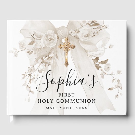 First Communion Girl White Bow Roses Custom ゲストブック (正面)