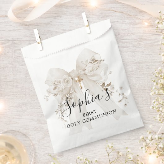 First Communion Girl White Bow Roses Thank You フェイバーバッグ (クリップ留めされた状態)