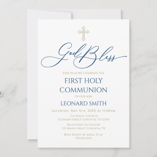 First Communion God Bless Blue Invitation 招待状 (正面)