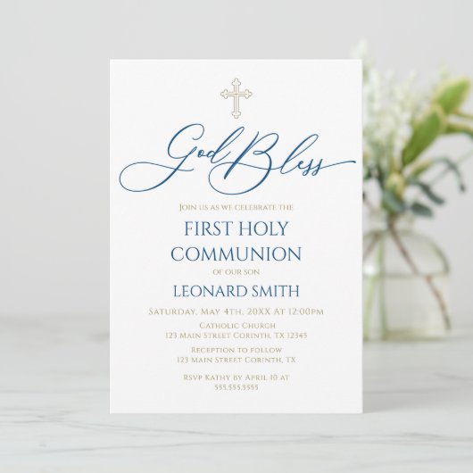 First Communion God Bless Blue Invitation 招待状 (スタンド正面)