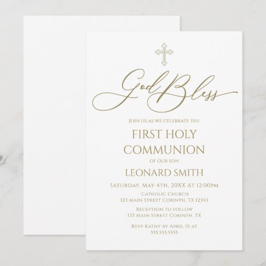 First Communion God Bless gold Invitation 招待状 (正面/裏面)
