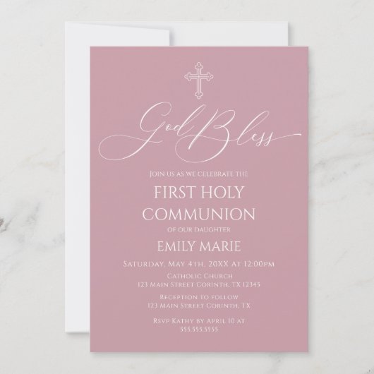 First Communion God Bless Mauve Invitation 招待状 (正面)