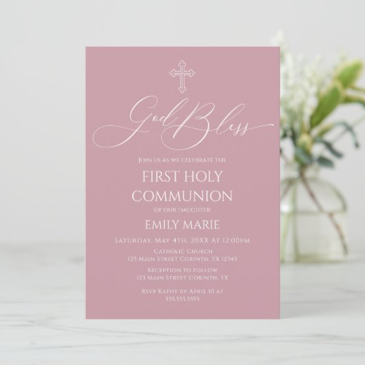 First Communion God Bless Mauve Invitation 招待状 (スタンド正面)
