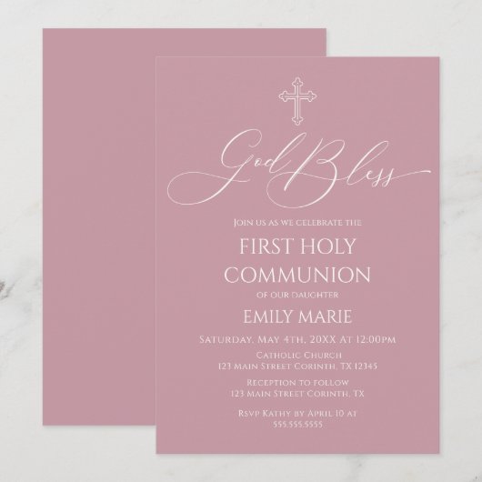 First Communion God Bless Mauve Invitation 招待状 (正面/裏面)