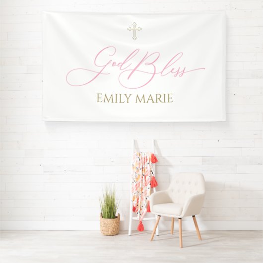 First Communion God Bless Pink banner backdrop 横断幕 (インサイチュ)