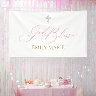 First Communion God Bless Pink  banner backdrop  横断幕