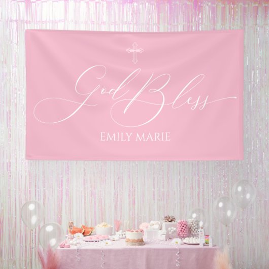 First Communion God Bless Pink banner backdrop  横断幕 (パーティー)