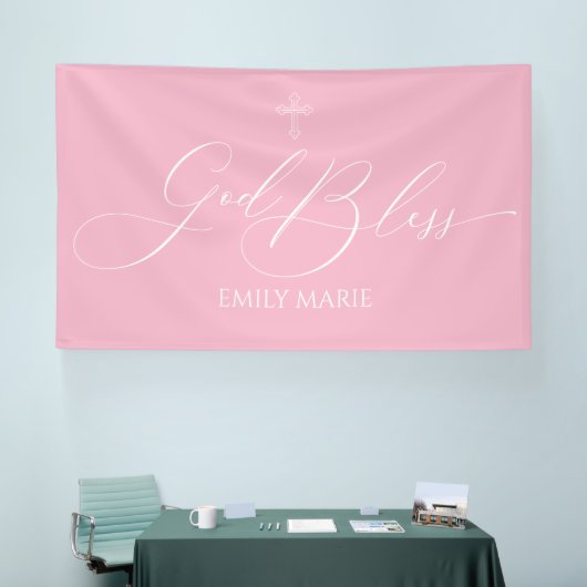 First Communion God Bless Pink banner backdrop  横断幕 (トレードショー)