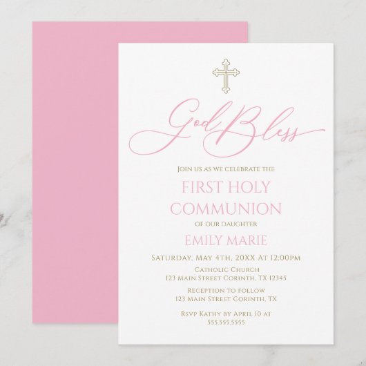First Communion God Bless pink Invitation 招待状 (正面/裏面)