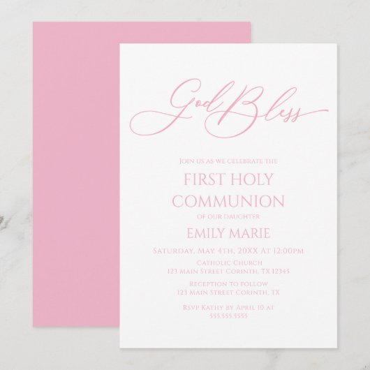First Communion God Bless pink Invitation 招待状 (正面/裏面)