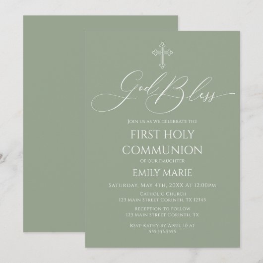 First Communion God Bless Sage Invitation 招待状 (正面/裏面)