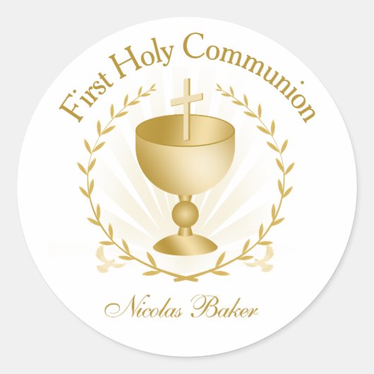 First Communion Gold Chalice Laurel Wreath Sticker ラウンドシール (正面)