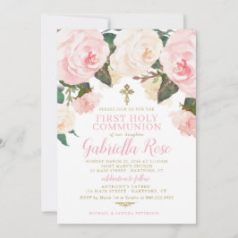 First Communion Invite, Pink Floral Gold 招待状