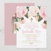 First Communion Invite, Pink Floral Gold 招待状 (正面/裏面)