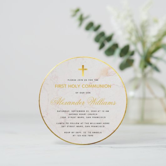 First Communion Marble Script フェイク Gold Foil Round 招待状 (スタンド正面)