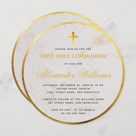 First Communion Marble Script フェイク Gold Foil Round 招待状 (正面/裏面)