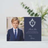 First Communion Navy Blueヴィンテージボーイフォトクレスト サンキューカード (スタンド正面)