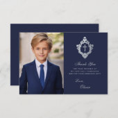 First Communion Navy Blueヴィンテージボーイフォトクレスト サンキューカード (正面/裏面)