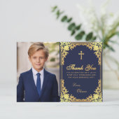 First Communion Navy Blue金ゴールドヴィンテージBoy写真 サンキューカード (スタンド正面)