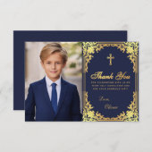 First Communion Navy Blue金ゴールドヴィンテージBoy写真 サンキューカード (正面/裏面)