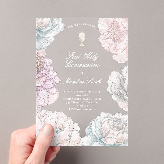first communion pastel colors peonies  アクリル招待状 (インサイチュ (ポータブル))