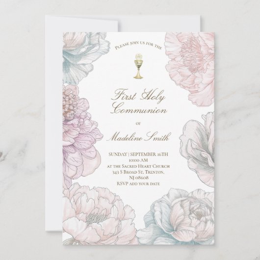 first communion pastel colors peonies  招待状 (正面)
