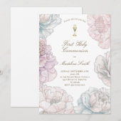 first communion pastel colors peonies  招待状 (正面/裏面)