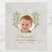 First Communion Photo Greenery Folids金ゴールド大理石 ワインラベル (シングルラベル)