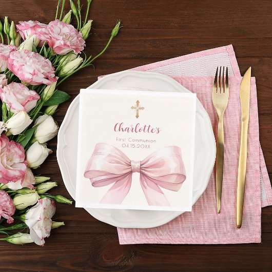 First Communion pink bow cream cross luncheon スタンダードランチョンナプキン