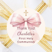 First Communion pink bow ivory cross thank you ラウンドシール