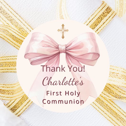 First Communion pink bow ivory cross thank you ラウンドシール