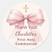 First Communion pink bow ivory cross thank you ラウンドシール (正面)