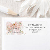 First Communion Pink Bow Roses Return Address ラベル (インサイチュ)