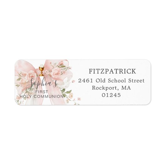 First Communion Pink Bow Roses Return Address ラベル (正面)