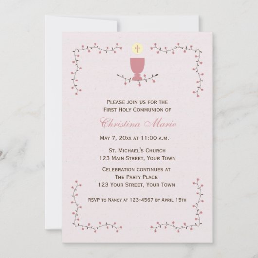 First Communion, Pink Chaliceとのフローラつる植物 招待状 (正面)