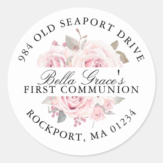 First Communion Pink Floral Return Address Label ラウンドシール (正面)