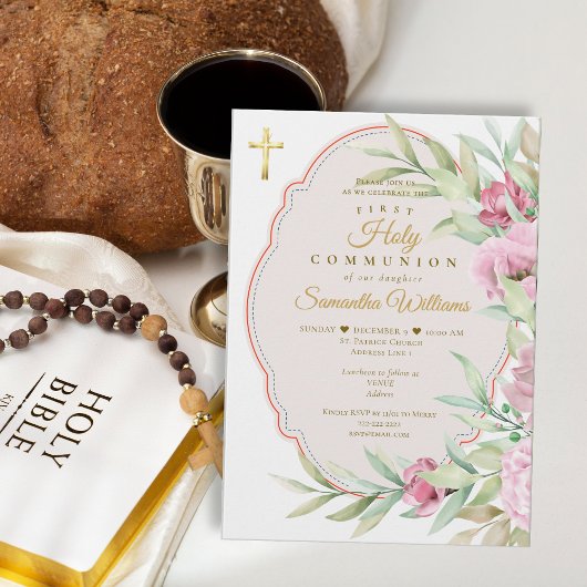 First Communion Pink Floral Watercolor Gold Cross 招待状