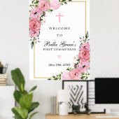 First Communion Pink Floral Welcome Sign ポスター (ホームオフィス)