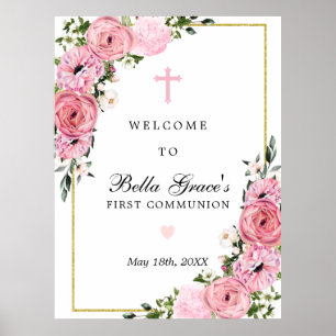 First Communion Pink Floral Welcome Sign ポスター