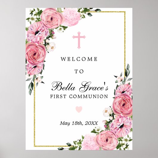 First Communion Pink Floral Welcome Sign ポスター (正面)