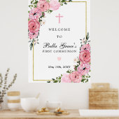 First Communion Pink Floral Welcome Sign ポスター (キッチン)