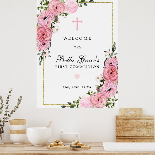 First Communion Pink Floral Welcome Sign ポスター (キッチン)