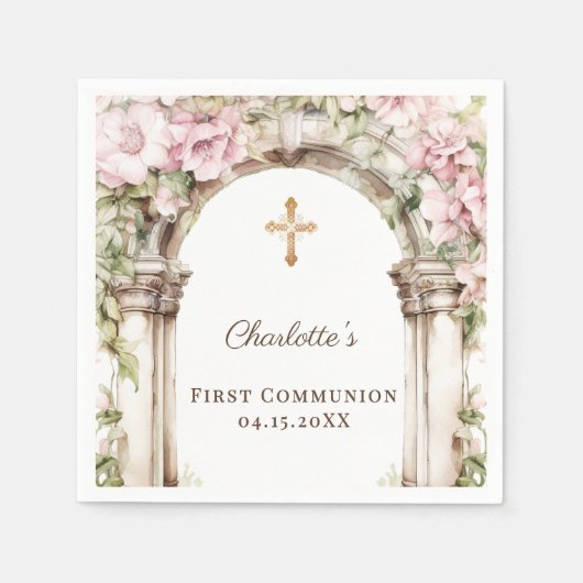 First Communion Pink Florals Arch Cross Luncheon スタンダードカクテルナプキン (正面)