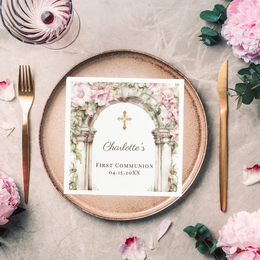 First Communion Pink Florals Arch Cross Luncheon スタンダードカクテルナプキン